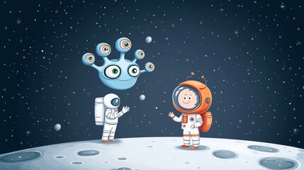 A pixel art alien with multiple eyes and antennas, greeting a cartoon astronaut on the moon
