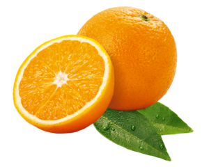 laranja inteira e laranja cortada com folha de laranjeira isolado em fundo transparente