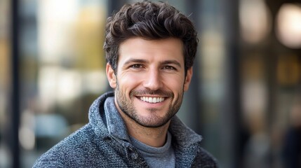 City Charm: A handsome man with a captivating smile and confident gaze, embodying modern masculinity against an urban backdrop.