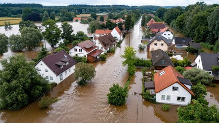 A broad aerial view shows a rural village suffering from a severe flood, with muddy waters submerging the streets and houses, illustrating the devastating power of nature on communities.