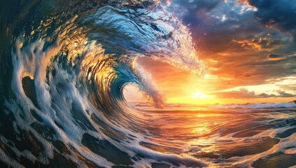 Serene Landscape with Rolling Water Wave, Clear Blue Sky, Vibrant Ocean Wave Illuminated Sunset Light
