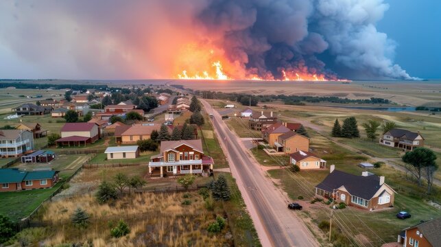 A massive wildfire is dangerously approaching a suburban neighborhood, with intense flames and thick smoke visible in the background, capturing the urgent emergency situation.