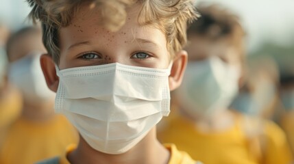 A young child wearing a medical mask stands in a group setting, representing precautionary health measures during a pandemic, with an expression focused on safety and care.
