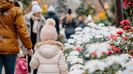 A family is enjoying a peaceful stroll through a winter flower garden, with a child in white winter coat among colorful flowers, embodying warmth and togetherness.
