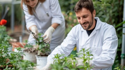 Two researchers, dressed in white lab coats, are meticulously examining and studying plants in a greenhouse, highlighting scientific research and agricultural innovations.