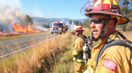 Firefighters in full gear and equipment respond bravely to a wildfire spreading near a roadside, showcasing their commitment to safety and community protection.