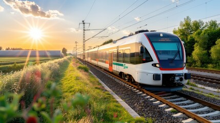 Fototapeta premium A sleek, modern train travels along the tracks through scenic countryside at sunset, capturing the essence of travel and tranquility amidst nature's beauty.