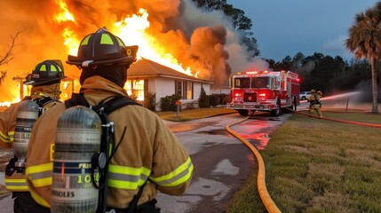 Firefighters work to control a blazing house fire, showcasing bravery, teamwork, and the intense and dangerous effort involved in battling such emergency situations.