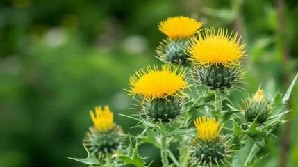 Yellow thistle flower in full bloom during spring, with a natural background