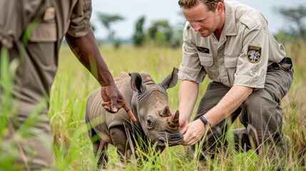 Two conservationists tenderly attending to a baby rhinoceros in a grassy field, emphasizing the importance of wildlife care and conservation efforts in natural habitats.