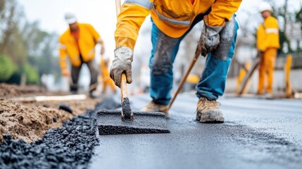 Several road workers are collaboratively paving a new asphalt road, capturing the essence of teamwork and effort in building essential infrastructure for modern transportation.
