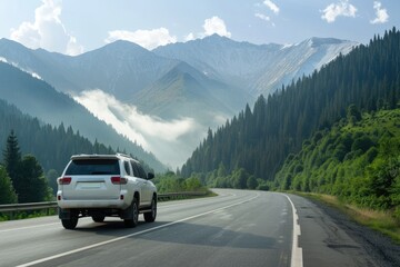 White SUV Car Driving on Wet Highway Through Green Forests in Mountainous Region Under Cloudy Skies, Majestic Mountains with Clear Blue Sky