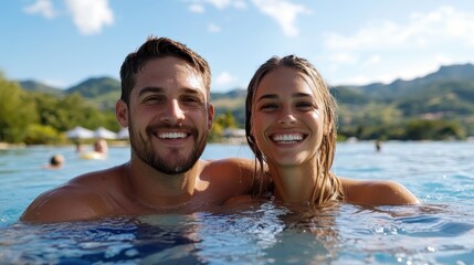 Obraz premium A smiling man and woman are enjoying a refreshing swim in a beautiful tropical paradise pool surrounded by scenic mountains under a clear blue sky.
