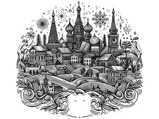 Fototapeta premium Intricate Black and White Russian Village Illustration. Generative ai vector illustration.