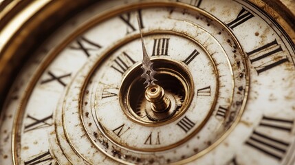 Obraz premium A classic clock face warping into a spiral, illustrating the never-ending nature of time, with a sepia-toned background.