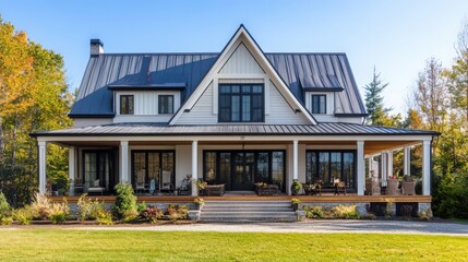 A traditional 2-storey farmhouse with a wrap-around porch, gabled roof, and a combination of wood and metal accents for a timeless appeal