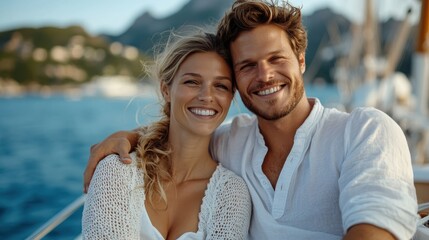 Obraz premium A cheerful couple share a heartfelt moment aboard a boat, basking in the sunlight, with picturesque mountains in the backdrop affirming the beauty of outdoor adventures together.