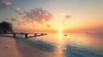 Naklejka premium A tranquil beach scene at sunset with a small pier extending into the water, the sun setting in the distance
