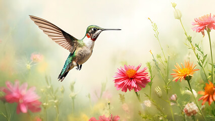 Obraz premium Hummingbird hovering near flowers 