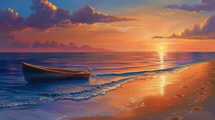 A tranquil beach sunset with a small boat anchored offshore, the sun setting in the distance