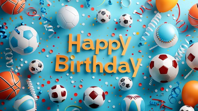 A vibrant paper art banner with "Happy Birthday" letters encircled by paper soccer balls, basketballs, and footballs, set against a lively sports-themed backdrop with confetti and balloons,