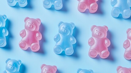 Playful Gummy Bears on Soft Blue Background in Kawaii Goth Style with Chad Moore-Inspired Overhead View