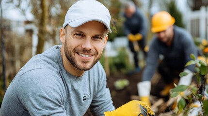 A gardener in a white cap and grey shirt, smiling while tending to plants outdoors, representing a moment of satisfaction and connection with nature in a well-maintained garden.