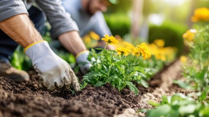 Gardener wearing gloves planting yellow flowers in a meticulously prepared garden bed, emphasizing attention to detail, horticulture, and the joy of creating garden beauty.