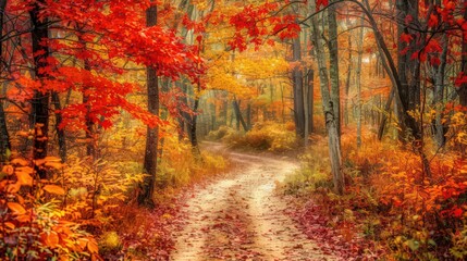 Obraz premium A tranquil forest trail covered in a rich layer of fall leaves, leading through trees displaying a stunning mix of red, orange, and gold foliage.