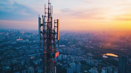 A close-up of a telecommunication tower featuring 5G network antennas, overlooking a sprawling urban landscape.
