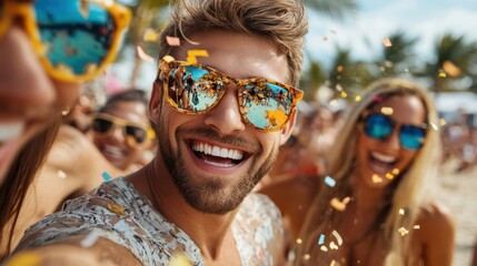 A lively beach party where people dressed in festive outfits and sunglasses celebrate under the sun, with confetti in the air symbolizing fun, freedom, and a vibrant lifestyle.