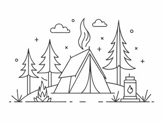 continuous single line drawing of campground with tent and campfire, line art vector illustration
