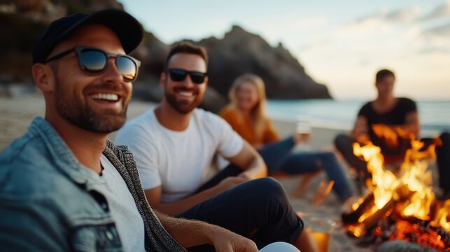 A group of friends sits by a beach bonfire, smiling and holding drinks, capturing the essence of camaraderie and relaxation during a serene sunset beach outing experience.