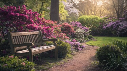 A tranquil garden setting with blooming azaleas in shades of pink and purple