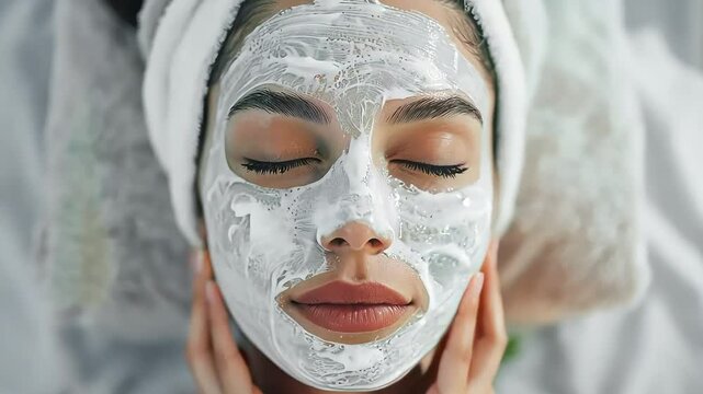 Woman relaxing with a facial mask applied, eyes closed, enjoying a spa treatment. Close up