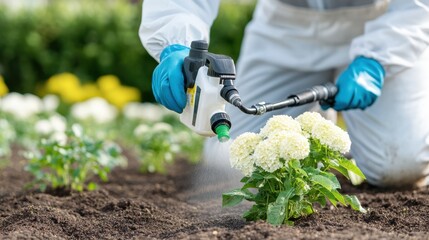 A person in protective clothing is spraying plants with a garden sprayer, focusing on the application of pesticides or fertilizers to maintain plant health.
