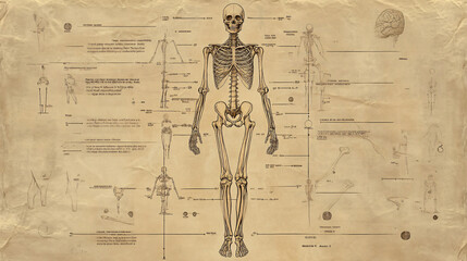 Anatomical illustration of the human skeleton in a standing position with labels on major bones