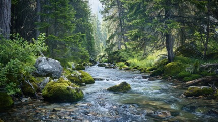 Obraz premium A tranquil mountain stream with clear, cold water rushing over moss-covered rocks, surrounded by towering evergreen trees.
