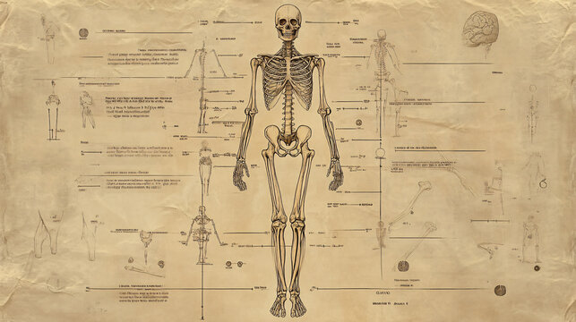 Anatomical illustration of the human skeleton in a standing position with labels on major bones