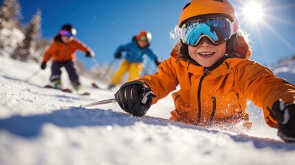 Children in colorful ski gear are skiing downhill on a sunny winter day, showcasing a cheerful and lively moment filled with energy and excitement.
