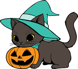 Halloween Clipart - Witch Cat with Pumpkin