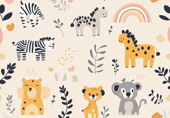 Obraz premium Cute hand drawn seamless pattern with wild animals and plants