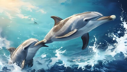 Two colorful dolphins play in the waves with the dreamy ocean and sky in the background, showing movement and vitality.