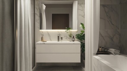 A contemporary bathroom with a marble shower curtain, clean white vanity, and a large mirror, all set against dark grey tiles.