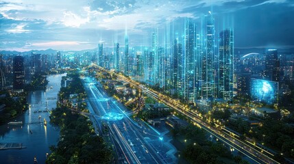 Fototapeta premium Cityscape with Digital Network