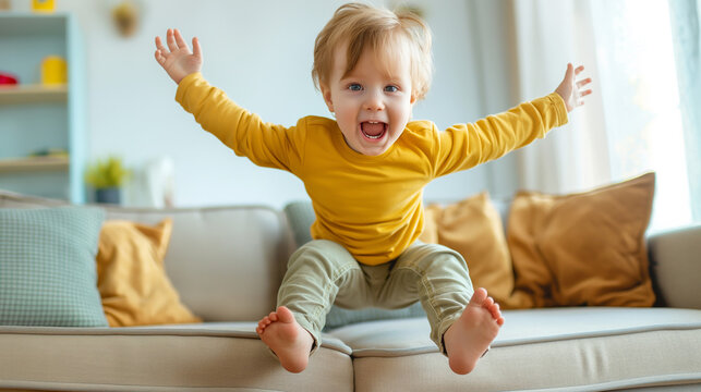Joyful naughty child boy jumping and having fun on sofa