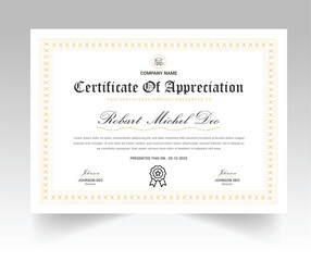 Certificate of appreciation template, gold and blue color. Clean modern certificate with gold badge. Certificate border template with luxury and modern line pattern. Diploma vector template
