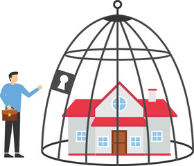 Mortgage payment problem, anxious homeowner businessman stands in a locked birdcage in his house.   © ma_design