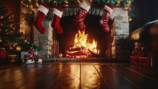 A brick fireplace with a crackling fire and three stockings hung above it. A Christmas tree with lights stands to the left of the fireplace. Presents are stacked next to the tree and fireplace