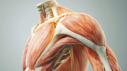 Detailed anatomy of the human shoulder joint showing bones, muscles, and ligaments
